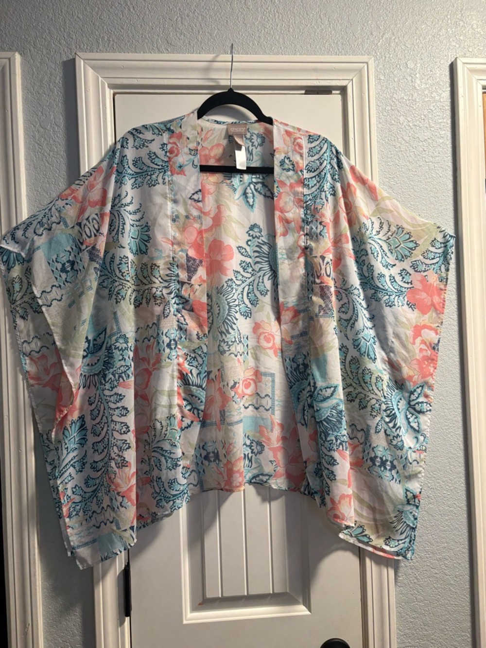 Chicos Kimono Wrap Womens L XL Floral Paisley Open Front Sheer Cardigan Coverup